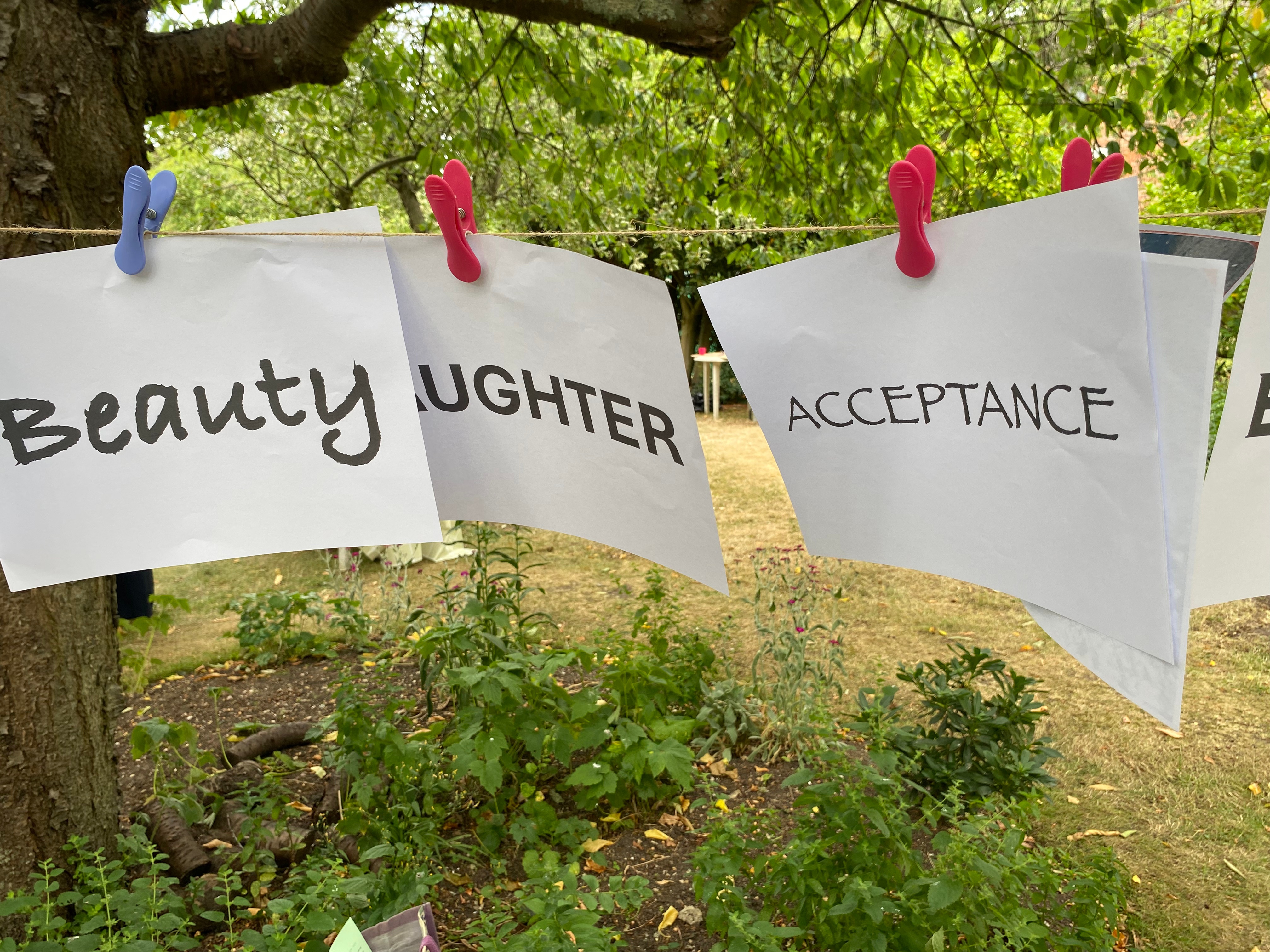 Words pinned to a stretched string: 'Beauty, laughter, acceptance'